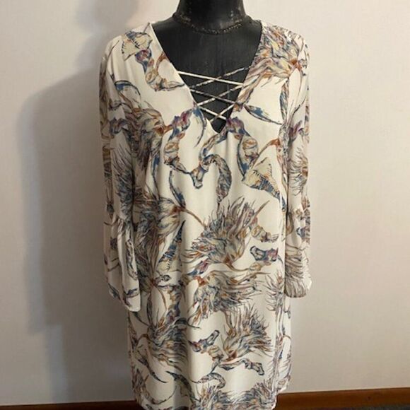 Fab'rik White Leaf Print Silk Blend bell sleeves dress, size L - Picture 1 of 6
